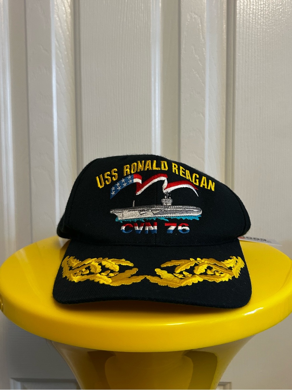 USS Ronald Reagan Embroidered Navy Hat in Black with Gold Trim